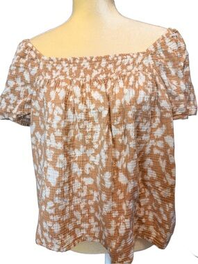 Smocked Off-Shoulder Blouse in Tan & White